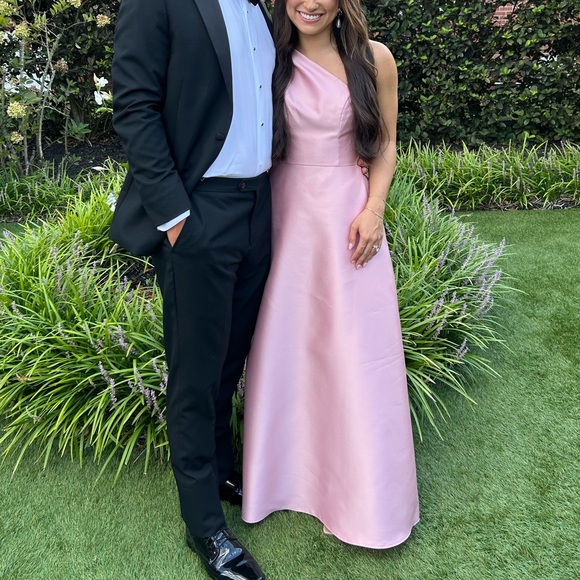 Dessy Alfred Sung D821 Pleated One-Shoulder Dress A-line skirt- Rose Size 0 - Picture 2 of 4